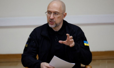 Ukraine's Prime Minister Denys Shmyhal holds a press conference in Kyiv