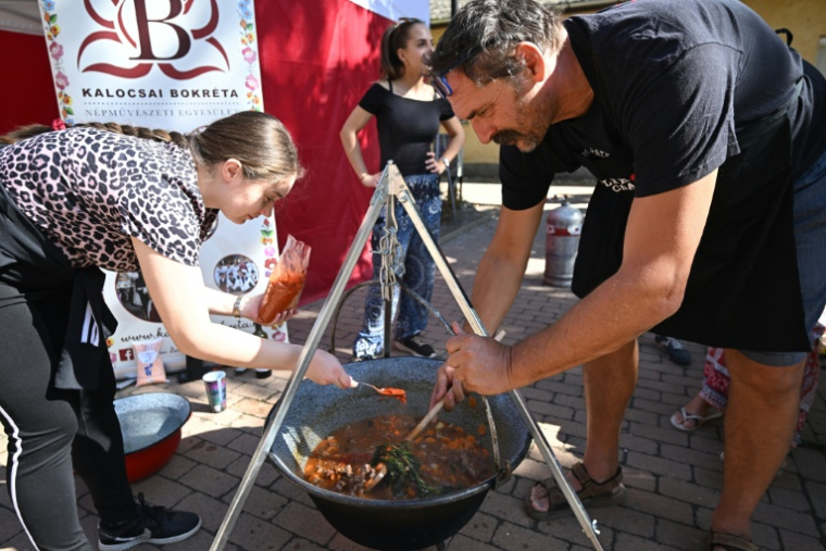 Des personnes préparent un plat à base de paprika lors de la foire annuelle de Kalocsa, dans le sud de la Hongrie, le 19 septembre 2026   ( AFP / Attila KISBENEDEK )