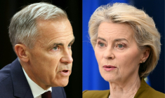 Combinaison d'images réalisée le 15 septembre 2026 du Premier ministre canadien Mark Carney, à gauche et de la présidente de la Commission européenne, Ursula von der Leyen  ( AFP / Dave Chan )