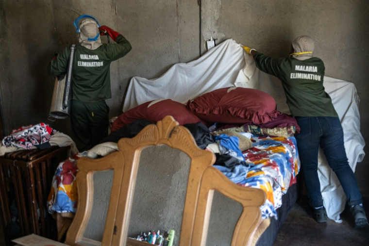 Des techniciens spécialisés se préparent à pulvériser un insecticide dans un domicile à Calcutta, un village d'Afrique du Sud, le 25 mai 2026 ( AFP / EMMANUEL CROSET )