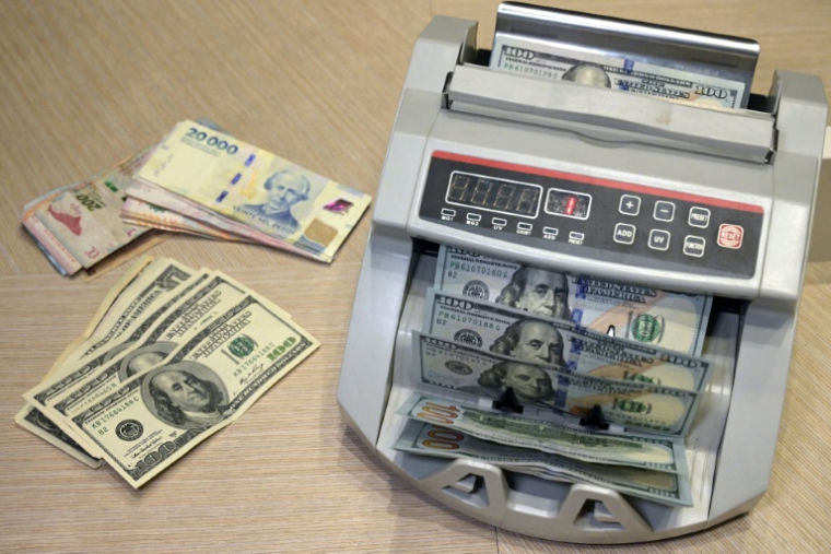 Des billets de pesos argentins et des billets de dollars américains à Buenos Aires, le 22 octobre 2025 en Argentine ( AFP / JUAN MABROMATA )