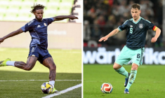 Photomontage des joueurs de Curaçao Leando Bacuna (g) et de l'Allemagne Joshua Kimmich ( AFP / William WEST )