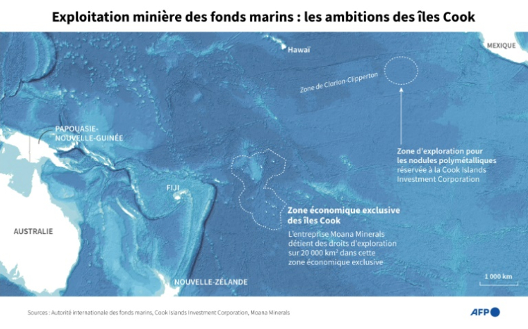 Carte montrant la zone économique exclusive des îles Cook et la zone d'exploration pour les nodules polymétalliques réservée à la Cook Islands Investment Corporation dans la zone de Clarion-Clipperton dans l'océan Pacifique ( AFP / Janis LATVELS )