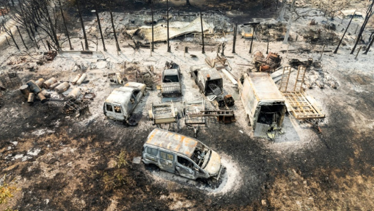 Plan aérien de véhicules calcinés après un incendie de forêt sur la commune de Le Porge, en Gironde, le 26 juillet 2026  ( AFP / Florian PLAUCHEUR )