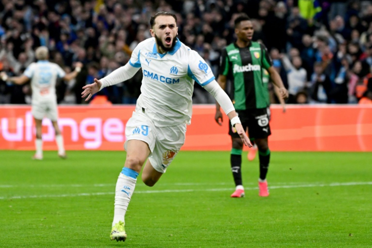 Amine Gouiri auteur d'un doublé pour l'OM face à Lens, le 24 janvier 2026 à Marseille ( AFP / Miguel MEDINA )