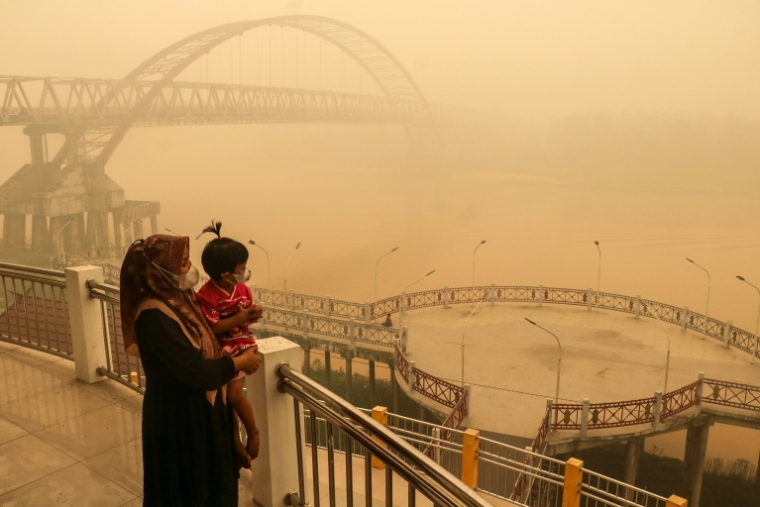 Une mère et son enfant dans la fumée provoquée par les incendies, le 12 octobre 2026 à Palangkaraya, en Indonésie ( AFP / REINA )