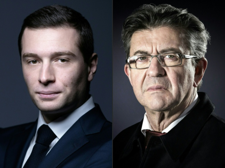 Favoris de leurs camps respectifs à un an et demi de la présidentielle, Jordan Bardella et Jean-Luc Mélenchon installent déjà à distance le récit de leur affrontement final ( AFP / JOEL SAGET )