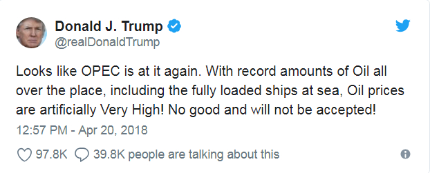 Tweet récent de Trump relatif au prix du pétrole