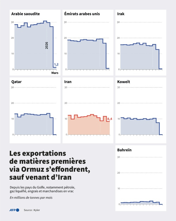 Exportations mensuelles de matières premières (pétrole, gaz, engrais, marchandises en vrac, etc), en volume, via le détroit d'Ormuz pour chaque pays du Golfe depuis mars 2025, d'après les données du cabinet d'analyse Kpler ( AFP / Sophie RAMIS )