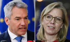 Karl Nehammer le 18 avril 2024 et Leonore Gewessler, le 20 décembre 2021, à Bruxelles, en Belgique. ( AFP / LUDOVIC MARIN )