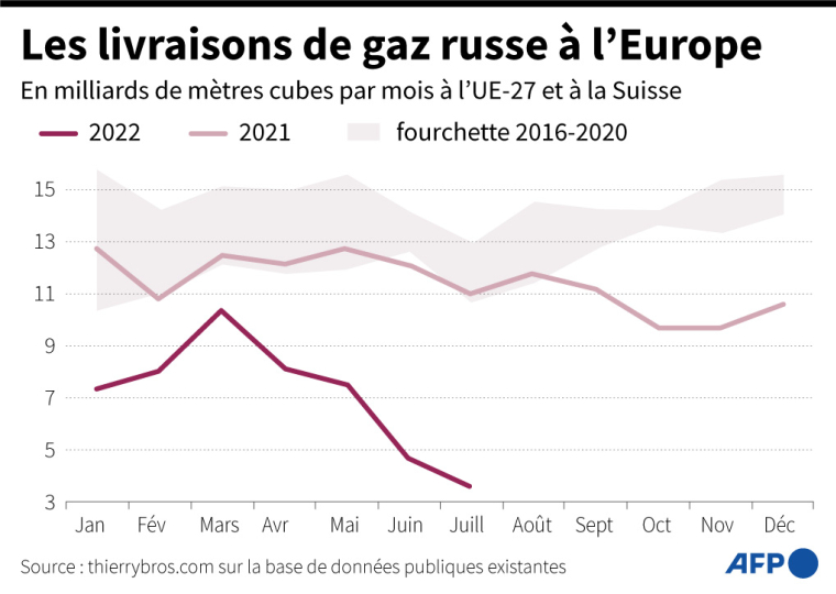 Livraisons de gaz russe à l'UE-27 et à la Suisse, selon des données de thierrybros.com établies sur la base de données publiques ( AFP / )