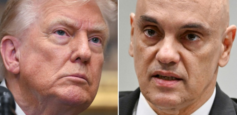Le président américain Donald Trump, le 30 juillet 2025 à la Maison Blanche, et le juge de la Cour suprême du Brésil Alexandre de Moraes, le 10 juin 2025 à Brasilia ( AFP / Evaristo SA )
