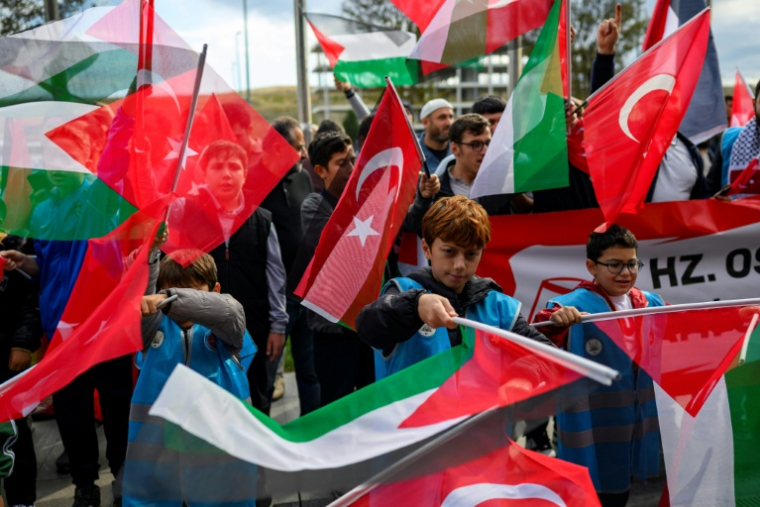 Une foule brandissant des drapeaux s'est rassemblée à l'aéroport d'Istanbul pour accueillir les militants de la flottille pour Gaza après leur expulsion d'Israël, le 4 octobre 2025 ( AFP / Yasin AKGUL )