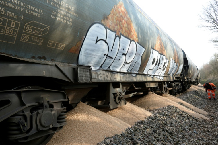 Des militants du collectif "Bretagne contre les fermes usines" ont répandu une partie de la cargaison d'un train de céréales, à Saint-Gérand, le 19 mars 2022 ( AFP / JEAN-FRANCOIS MONIER                 )