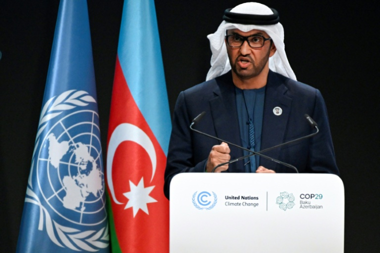 Sultan al-Jaber, ministre émirati de l'Industrie, lors de l'ouverture de la COP29 le 11 novembre 2024 à Bakou ( AFP / Alexander NEMENOV )
