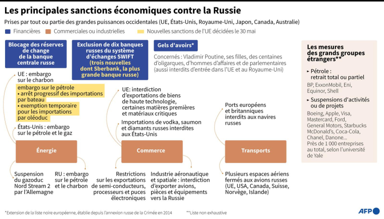 Graphique montrant les principales sanctions économiques prises par les puissances occidentales contre la Russie au 2 juin ( AFP / )