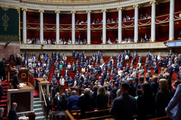 Les députés dans l'hémicycle de l'Assemblée nationale à Paris observent une minute de silence à la mémoire de la surveillante décédée après avoir été poignardée par un élève à Nogent, en Haute-Marne, le 10 juin 2025 ( AFP / GEOFFROY VAN DER HASSELT )