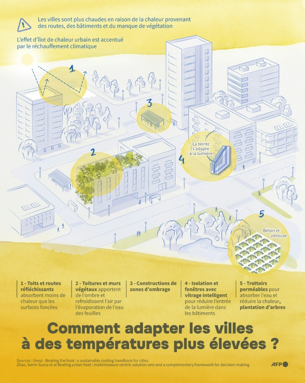 Infographie montrant les moyens clés avec lesquels les villes peuvent s'adapter à des températures plus élevées et à davantage de vagues de chaleur en raison du changement climatique  ( AFP / Valentina BRESCHI )