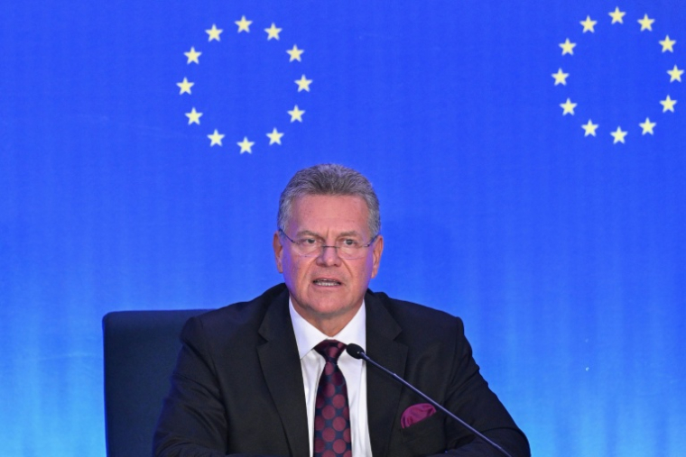 Le commissaire européen au Commerce Maros Sefcovic lors d'une conférence de presse à Pékin, le 9 octobre 2026 ( AFP / ADEK BERRY )