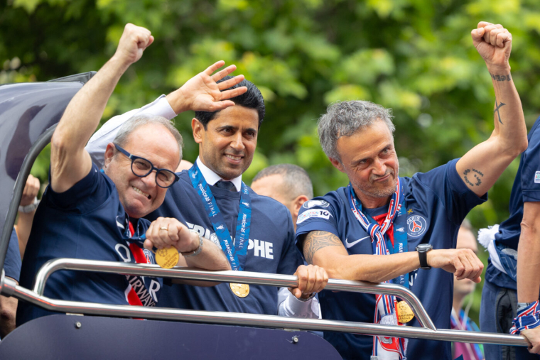 Luis Campos and Nasser Al-Khelaifi and Luis Enrique Paris Saint-Germain’s players are received by supporters in a parade on the Champs-Elysees avenue in Paris on June 1, 2025, the day after PSG won the UEFA Champions League final football match over Inter Milan in Munich, on May 31, 2025. Photo by Alexis Jumeau/ABACAPRESS.COM   - Photo by Icon Sport