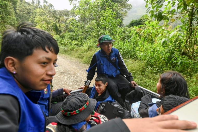 Des gardes indigènes de la communauté Nasa dans le convoi du leader indigène Esneyder Gomez, candidat au Parlement, dans la région de Naya, département du Cauca, en Colombie, le 12 février 2026 ( AFP / Joaquín SARMIENTO )