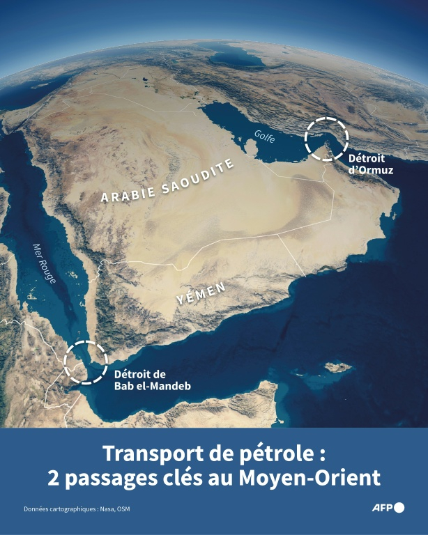 Carte du détroit d'Ormuz et du détroit de Bab el-Mandeb, deux passages clés du transport mondial de pétrole situés au Moyen-Orient, le premier verrouillé par la guerre entre Washington et Téhéran, le second sous l'emprise des Houthis ( AFP / Jonathan WALTER )