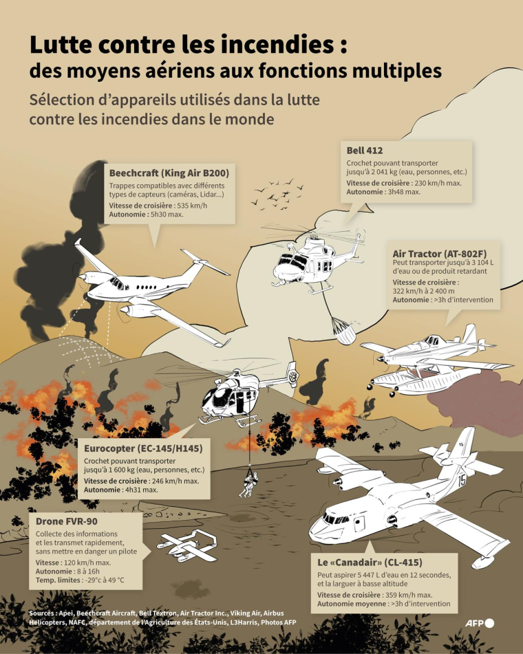 Description d'une sélection d'appareils aériens utilisés dans la lutte contre les incendies dans le monde ( AFP / Nalini LEPETIT-CHELLA )