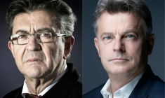 Combinaison d'images créée le 9 avril 2023 du leader de La France insoumise Jean-Luc Mélenchon à gauche et du premier secrétaire du PCF Fabien Roussel à droite ( AFP / JOEL SAGET )