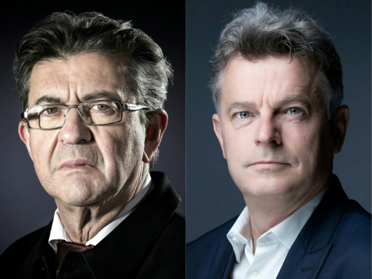 Combinaison d'images créée le 9 avril 2023 du leader de La France insoumise Jean-Luc Mélenchon à gauche et du premier secrétaire du PCF Fabien Roussel à droite ( AFP / JOEL SAGET )