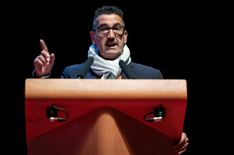 Le secrétaire général Frédéric Souillot lors du 26e congrès national du syndicat Force Ouvrière (FO) à Dijon, le 20 avril 2026 en Côte d'Or  ( AFP / ARNAUD FINISTRE )