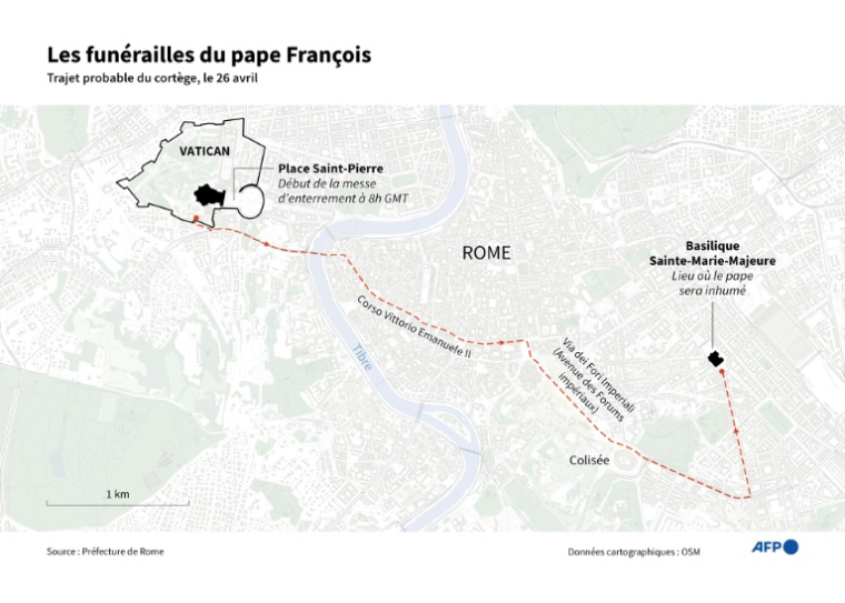 Carte du Vatican et de Rome montrant le trajet probable qu'empruntera le cortège, entre la place Saint-Pierre où se déroulera la messe d'enterrement et la basilique Sainte-Marie-Majeure où le pape sera inhumé, le 26 avril ( AFP / Ioana PLESEA )