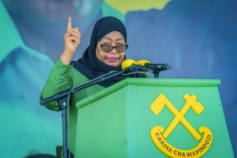 La présidente sortante et candidate à la présidentielle en Tanzanie Samia Suluhu Hassan lors d'un rassemblement à Mwanza le 28 octobre 2025 ( AFP / Michael JAMSON )