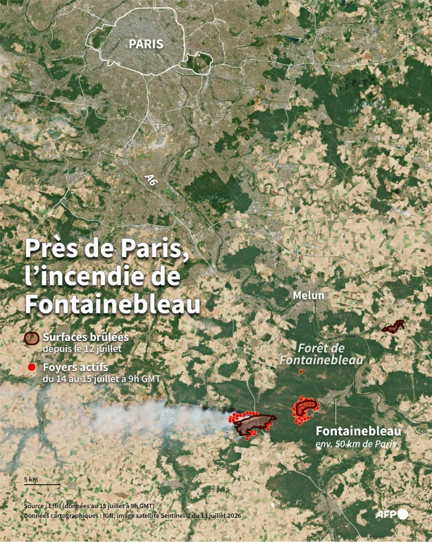 Carte montrant l'incendie qui a débuté dimanche 12 juillet 2026 dans la forêt de Fontainebleau (Seine-et-Marne) et sa proximité avec Paris ( AFP / Olivia BUGAULT )