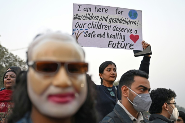Des manifestants réclamant des mesures contre la pollution, le 9 novembre 2025 à New Delhi ( AFP / Sajjad HUSSAIN )