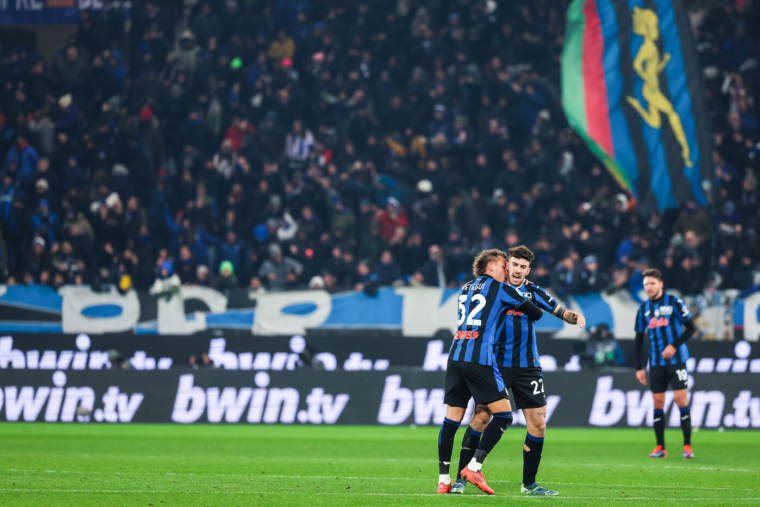 (L-R) Mateo Retegui of Atalanta BC celebrates after scoring a goal with Matteo Ruggeri of Atalanta BC during Serie A 2024/25 football match between Atalanta BC and Juventus FC at Gewiss Stadium - Photo by Icon Sport