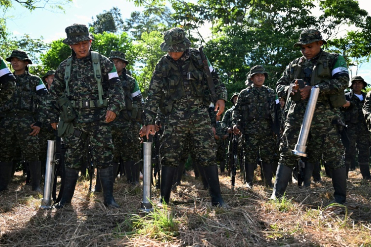 Des membres de la Coordination nationale Armée bolivarienne (CNEB) participent à une cérémonie de désarmement dans la commune de Valle del Guamuez, dans le département du Putumayo, en Colombie, le 18 juin 2026 ( AFP / Raul ARBOLEDA )