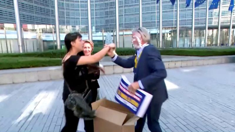 Photo du DG de Ryanair Michael O'Leary en train d'être entarté