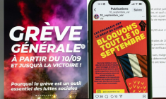 Une publication sur un réseau social, le 22 août 2025, appelant à une grève générale le 10 septembre 2025, après à un appel initialement lancé par le mouvement "Bloquons tout" contre les coupes budgétaires voulues par le Premier ministre François Bayrou ( AFP / BERTRAND GUAY )