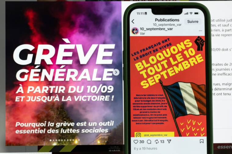 Une publication sur un réseau social, le 22 août 2025, appelant à une grève générale le 10 septembre 2025, après à un appel initialement lancé par le mouvement "Bloquons tout" contre les coupes budgétaires voulues par le Premier ministre François Bayrou ( AFP / BERTRAND GUAY )