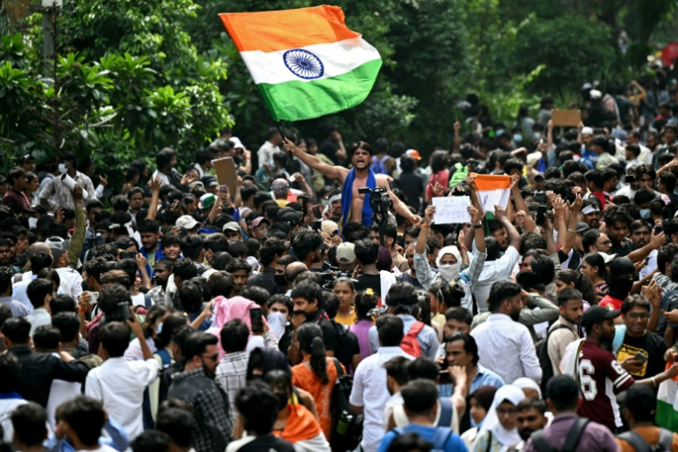 Des partisans du "parti des cafards" célèbrent à New Delhi la démission du ministre indien de l'Education, Dharmendra Pradhan, dont les étudiants exigeaient le départ en raison d'une série de fraudes aux examens universitaires, le 25 juillet 2026 ( AFP / Sajjad HUSSAIN )