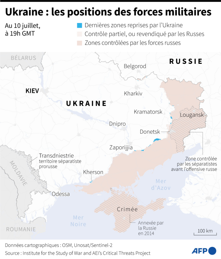 Carte des zones contrôlées par les forces ukrainiennes et russes en Ukraine au 10 juillet 2024 à 19h GMT ( AFP / Valentin RAKOVSKY )