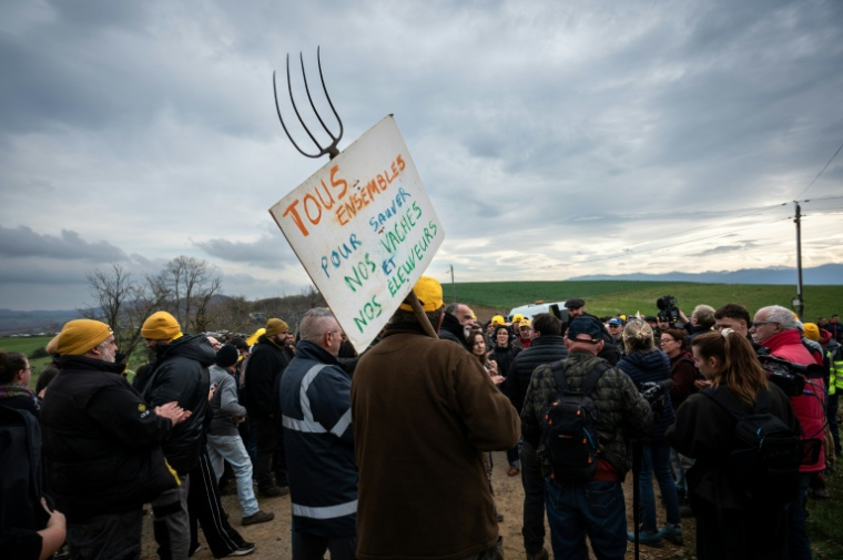 Le 10 décembre 2025, des agriculteurs manifestent contre l'abattage d'un troupeau de 200 vaches suite à la détection d'un cas de dermatose à Les-Bordes-sur-Arize ( AFP / Matthieu RONDEL )