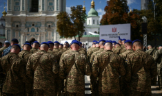 Cérémonie à Kiev avec la participation de la Garde nationale ukrainienne pour le 35e anniversaire de l'indépendance de l'Ukraine, le 24 août 2026 ( POOL / Henry Nicholls )