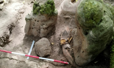 Cette photo non datée publiée par le ministère guatémaltèque de la Culture le 29 mai 2025 montre deux sculptures anthropomorphes qui "représentent un couple ancestral", découvertes sur le site archéologique d'Uaxactún, au Guatemala ( Guatemalan Ministry of Culture and Sports / Handout )
