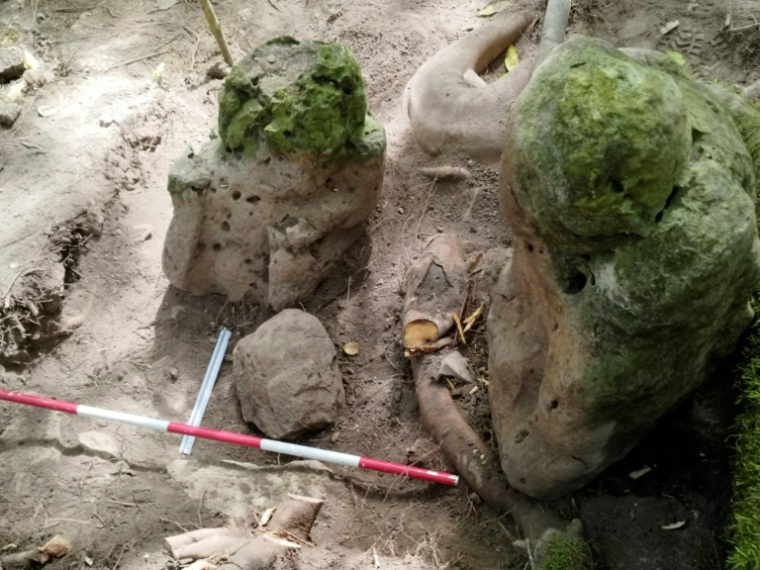 Cette photo non datée publiée par le ministère guatémaltèque de la Culture le 29 mai 2025 montre deux sculptures anthropomorphes qui "représentent un couple ancestral", découvertes sur le site archéologique d'Uaxactún, au Guatemala ( Guatemalan Ministry of Culture and Sports / Handout )