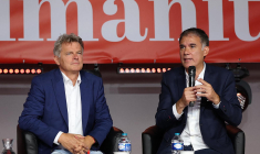 Fabien Roussel et Olivier Faure à Brétigny-sur-Orge, le 10 septembre 2022. ( AFP / THOMAS SAMSON )