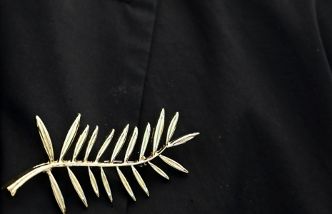 Une épingle en forme de Palme d'or, le 21 mai 2025 au festival de Cannes ( AFP / Miguel MEDINA )