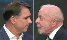 Le président brésilien Luiz Inacio Lula da Silva (d.) et le candidat de droite à l'élection présidentielle Flavio Bolsonaro participent à un débat, le 18 octobre 2026 à Sao Paulo au Brésil ( AFP / NELSON ALMEIDA )