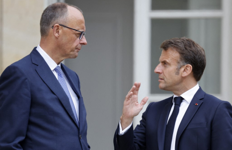 Friedrich Merz et Emmanuel Macron, à l'Elysée, le 7 mai 2025 ( POOL / LUDOVIC MARIN )
