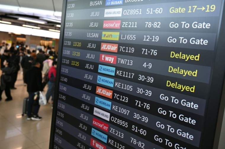Un panneau d'information dans l'aéroport Gimpo à Séoul le jour du baccalauréat en Corée-du-Sud, le 13 novembre 2025 ( AFP / Jung Yeon-je )